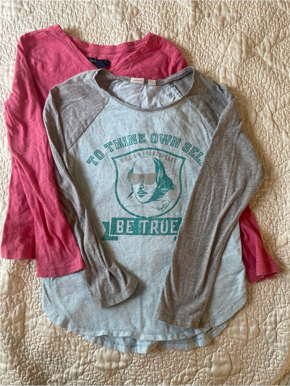 GAP Kids Light Gray Graphic Raglan Tee with Pink Layered Neck